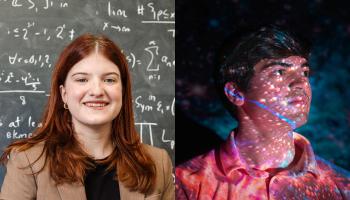 Goldwater Scholars Catherine Cossaboom, left, is investigating the arithmetic statistical interactions between sets of restricted partitions, while Samuel Crowe works with data of a massive star-forming region in the galactic center of the Milky Way galaxy.