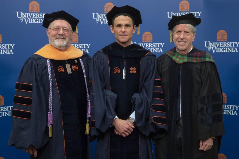 UVA President Jim Ryan, center, bestowed the University’s Thomas Jefferson Awards upon Richard Carpenter (service), left, and Charles Holt (scholarship).