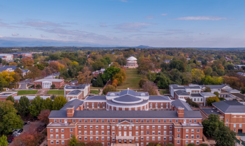 Aerial photo of New Cabell Hall and the Lawn at UVA