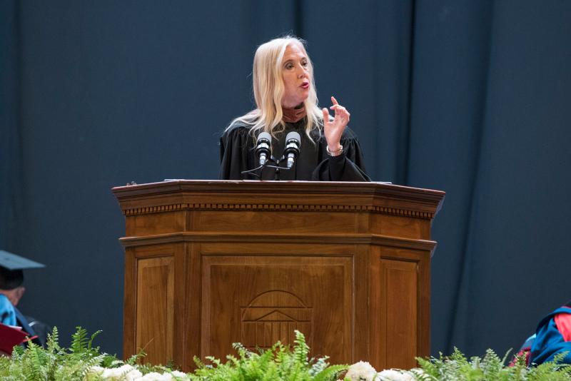 Poet Lisa Russ Spaar delivers the address at the 2017 Fall Convocation in the John Paul Jones Arena.