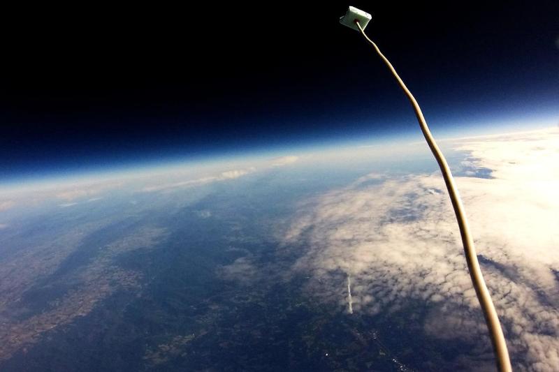 A view from a camera aboard the payload of the high-altitude weather balloon.