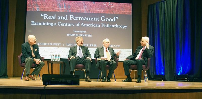 Commonwealth Professor of History Olivier Zunz with David Rockefeller, Jr., Warren Buffett and David Rubenstein
