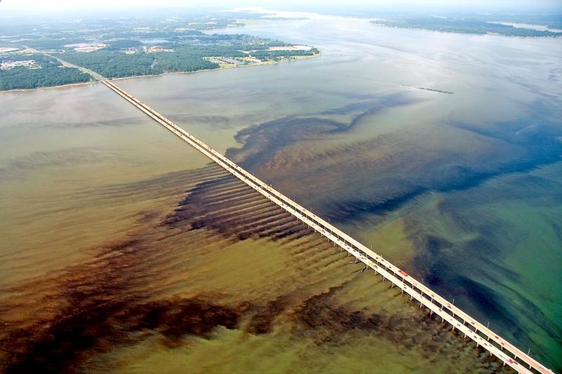 A massive algal bloom at the Monitor-Merrimack Bridge where Route 664 crosses the James River near Hampton Roads. 