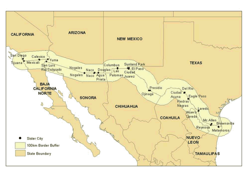 Mexico–United States boundary illustrating neighboring cities, states, and buffer zones.