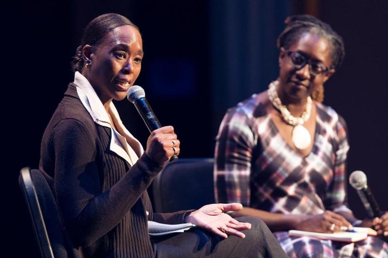Margot Lee Shetterly, left, author of “Hidden Figures,” talked with students and College Fellow Lisa Woolfork, an English professor, for the first Arts & Sciences’ Engagements lecture