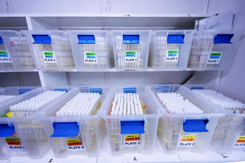This half-day’s worth of saliva specimens is stored in the COVID-19 lab’s cold room, after being tested for the coronavirus.