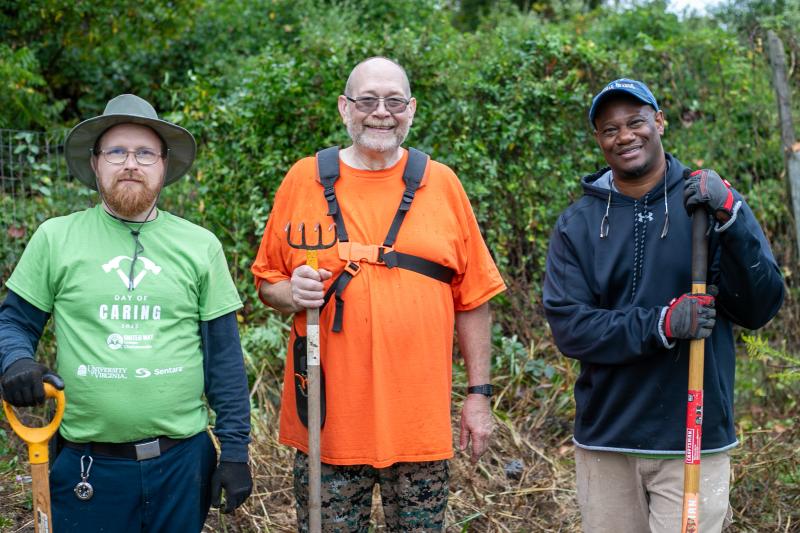 Three United Way Day of Caring volunteers from A&S Computing Services pose for a photo at PVCC Community Garden.