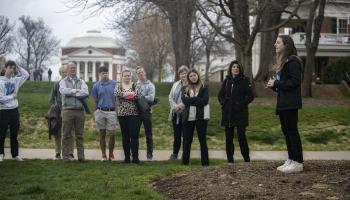 With the Rotunda in the background, fourth-year student Caroline Challe speaks about personal experiences during her past four years.
