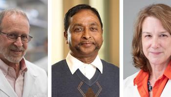 George Bloom, far left, wants to better understand Alzheimer’s disease, while Anne Keworthy, far right, will study cholera with the new microscope. Ammasi Periasamy, center, coordinated the grant proposal that led to the microscope’s acquisition. (Photos by Dan Addison, Sanjay Suchak, UVA Health)