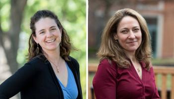 Amanda Gibson left, works in evolutionary biology, and Rachel Harmon focuses on wide-ranging laws that govern police. (Photos by Erin Edgerton and Dan Addison, University Communications)