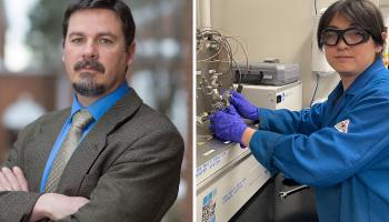 The lab of Commonwealth Professor of Chemistry Brent Gunnoe, left, is where researcher Fanji Kong, right, made his discovery.