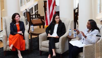 (L to R) A&S Dean Christa Acampora and fourth-year student Natasha Swindle moderate a Q&A discussion with Federal Reserve Governor Lisa Cook.