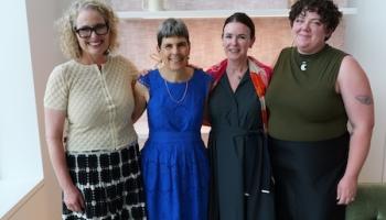 Portrait photo, from L to R, of Associate Deans Sarah Betzer and Laura Galloway, A&S Dean Christa Acampora, and Sr. Administrative Assistant Andie Weaver.