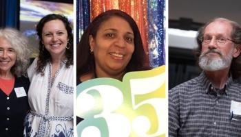 A triptych photo of A&S employees celebrating milestone anniversaries of UVA service.