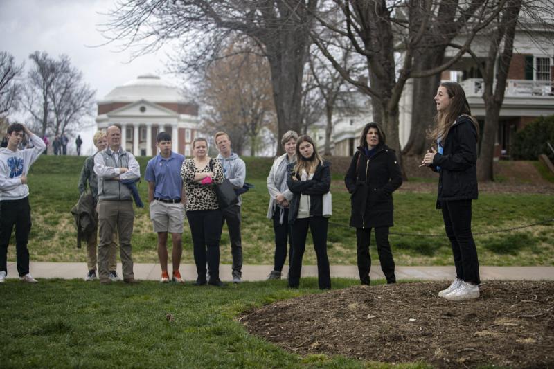 With the Rotunda in the background, fourth-year student Caroline Challe speaks about personal experiences during her past four years.