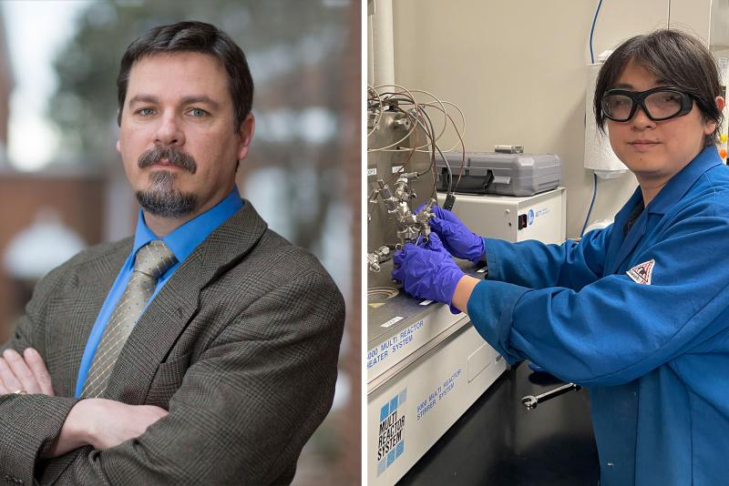 The lab of Commonwealth Professor of Chemistry Brent Gunnoe, left, is where researcher Fanji Kong, right, made his discovery.