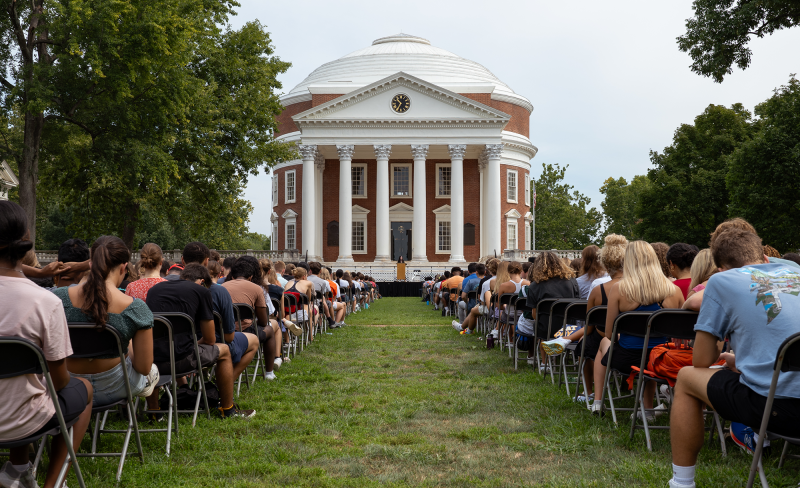 Dean Christa Acampora addressing first-year students in front of the Rotunda