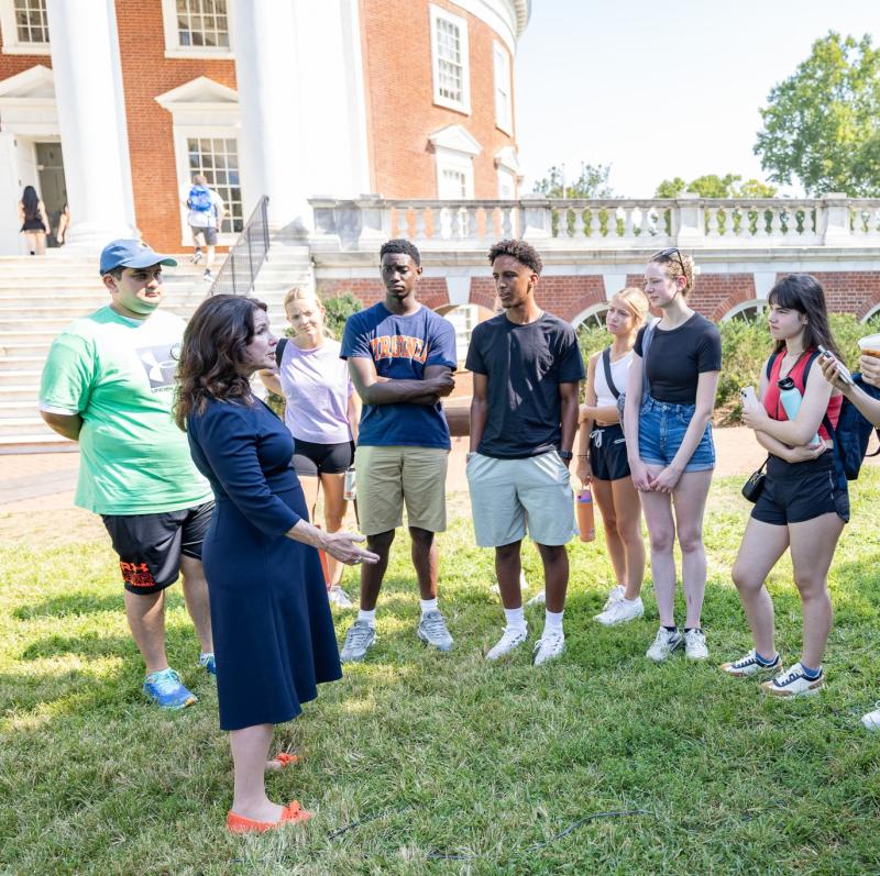 Dean of Arts & Sciences speaking with incoming first-year students