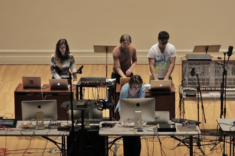MICE, the U.Va. \"Mobile Interactive Computer Ensemble\" class performing at the Philip Glass concert in New Cabell Hall in 2014