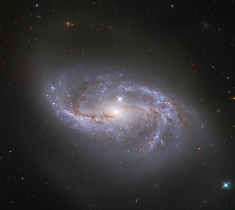 Looking deep into the universe, the NASA/ESA Hubble Space Telescope catches a passing glimpse of the numerous arm-like structures that sweep around this barred spiral galaxy, known as NGC 2608. 