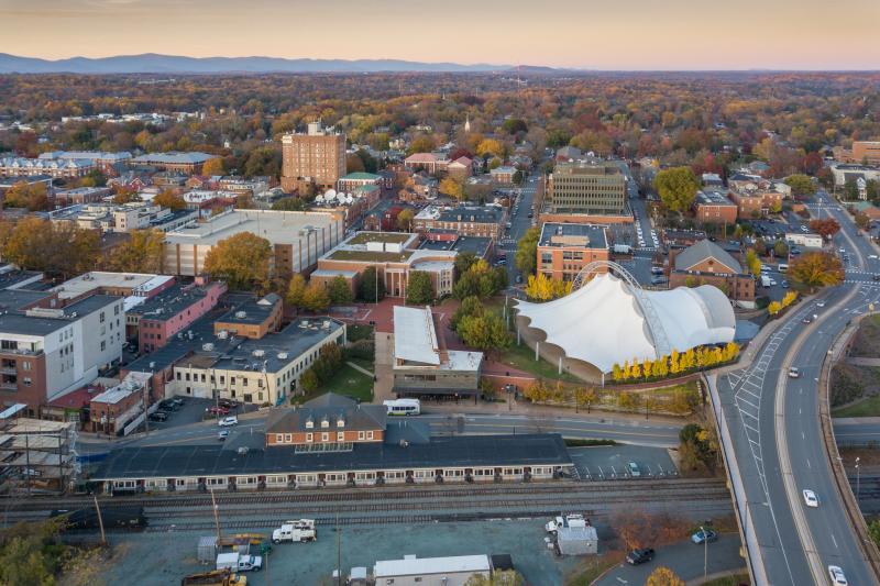 Aerial photo of UVA and Charlottesville