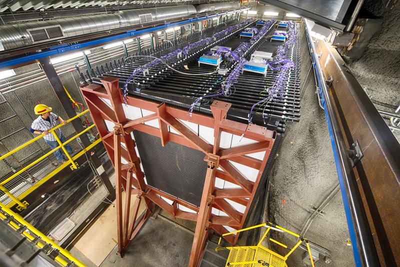 The NOvA near detector, built underground at Fermilab in Batavia, Illinois, is roughly 47 feet long, 14 feet high and 10 feet wide. It is constructed of the same material as the far detector.