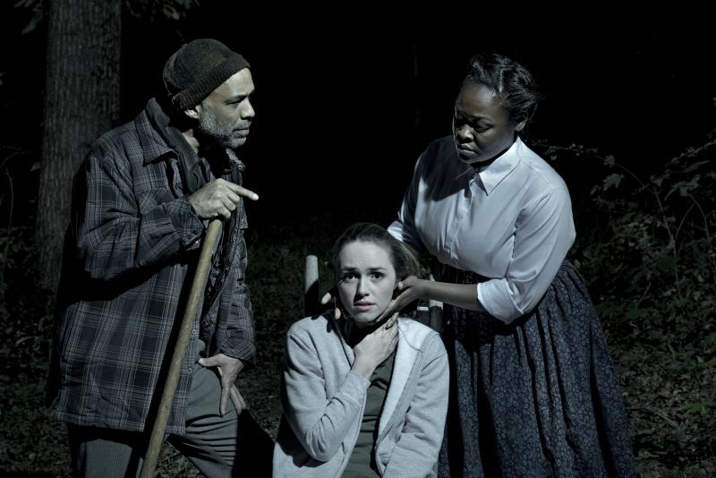 Determined to help distraught newcomer Benny Pride (Madeleine Lawson, center), grave digger Jeremiah (Richard Cooper, left) and preacher Mother Sister (Angelica Jackson, right) set out to help Benny find her voice in the U.Va. Department of Drama’s production of  “Every Tongue Confess.”