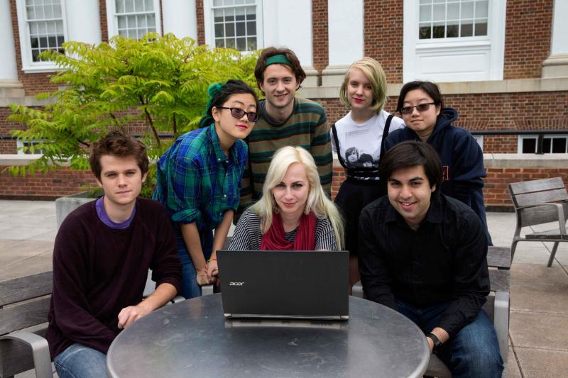 Green Willow Games’ student team members, from left to right: Chad Vickers, Wendi Chen, Will Evans, Elizabeth Ballou (center), Shannon Spence, Annie Vu and Atthar Mirza. 