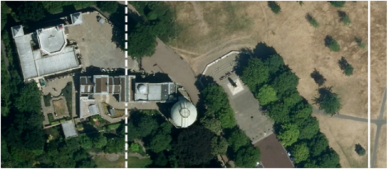 The Airy meridian marked as the “Prime Meridian of the World” (dotted line), and the modern reference meridian indicating zero longitude using GPS (solid line).