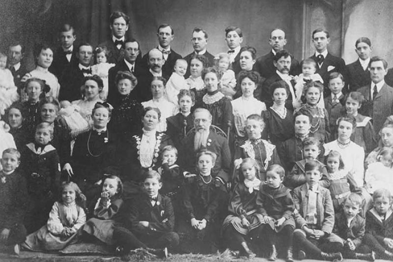 The family of Joseph F. Smith, the fifth president of the Church of Jesus Christ of Latter-day Saints and the nephew of church founder Joseph Smith. The photo shows six of his wives and 48 of his children.