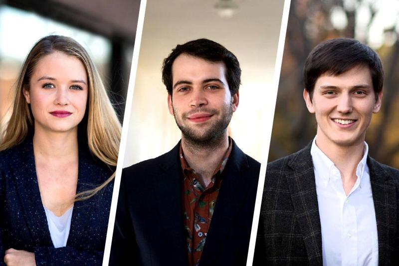 From left, Sarah Koch, Abraham Axler and William Henagan each earned Marshall Scholarships to pursue graduate study in the United Kingdom. 