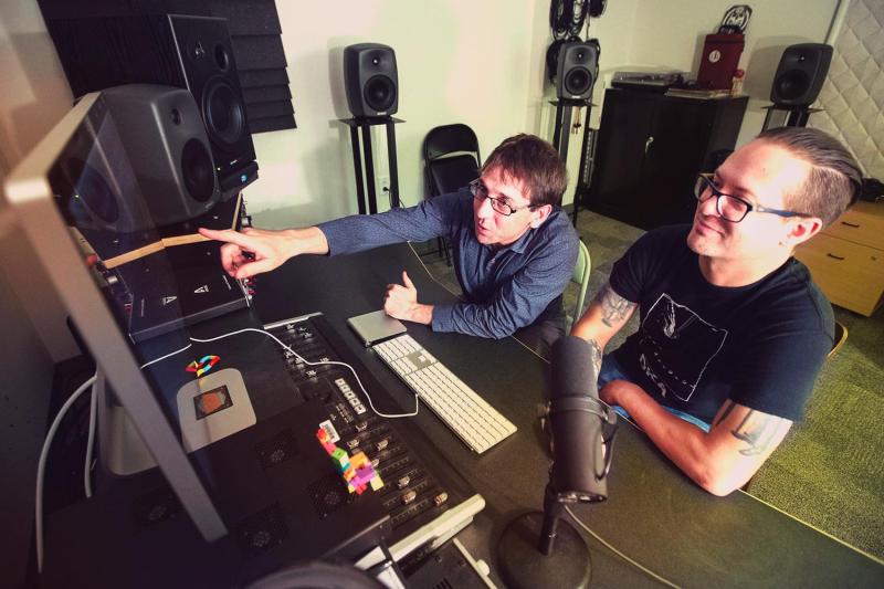 UVA assistant professor Noel Lobley, seen here with technical director Travis Thatcher, is part of the Beating Heart project remixing traditional African music and bringing it to audiences around the world. 