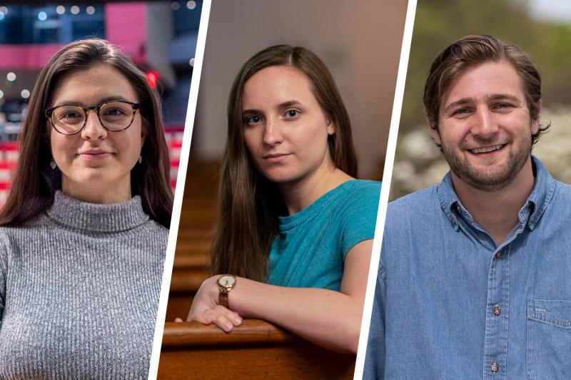 The 2019 winners of University Awards for Projects in the Arts, from left to right: Payton Moledor, Heidi Waldenmaier and Samuel Wilson.