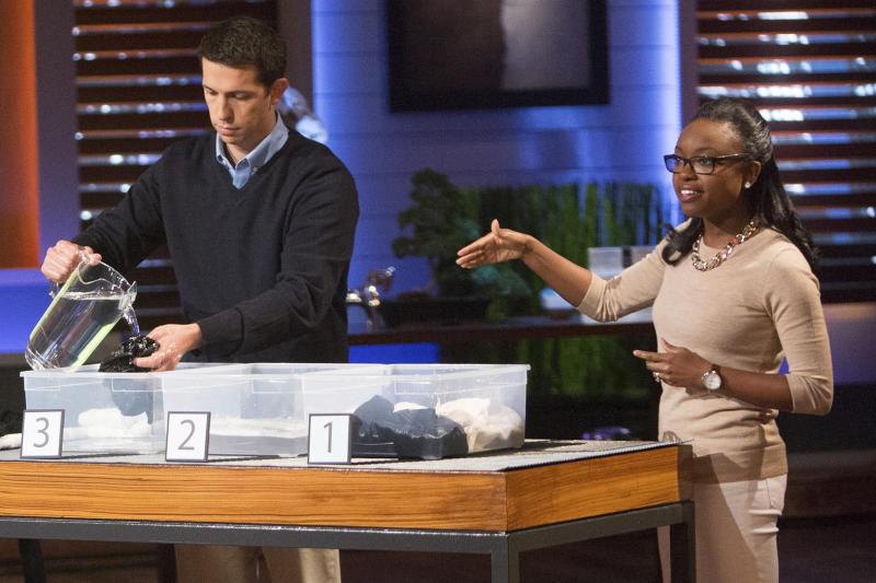 UVA graduate Desirée Davis Stolar, right, describes her product, Unshrinkit, during a recent taping of ABC’s “Shark Tank.\" 