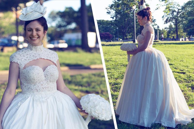 Hinz wearing her toilet paper wedding dress creation.