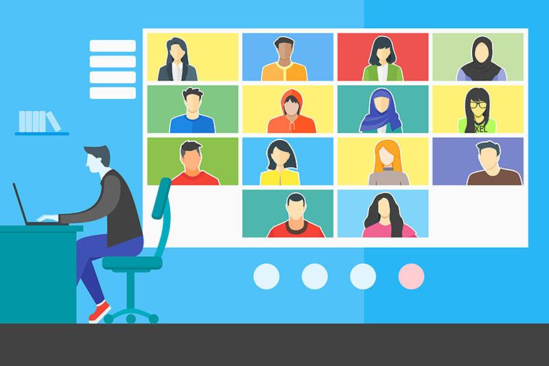Illustration of Zoom-type multi-person online meeting.