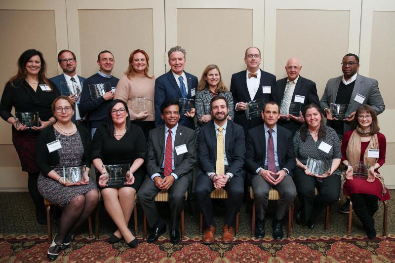 The winners of UVA’s inaugural Research Achievement Awards pose with President Jim Ryan, Provost Liz Magill and Vice President for Research Melur Ramasubramanian.
