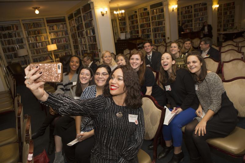 Students pose for a group selfie at the end of their week in New York