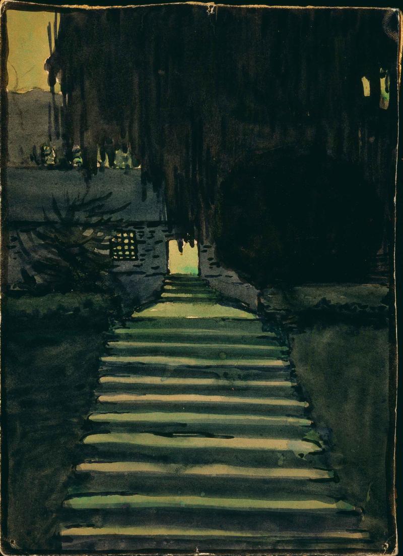 A view of the approach to the West Lawn. Untitled (West Lawn - University of Virginia), 1912-1914, Georgia O’Keeffe, Watercolor on paper 9 x 11 7/8 (22.86 x 30.16)
