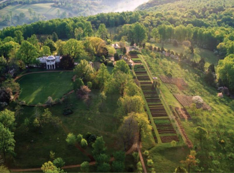 Aerial view of Monticello showing House, Mulberry Row, and Vegetable Garden.
