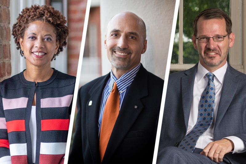 Left to right, Democracy Initiative co-director Melody Barnes, Miller Center director William Antholis and College of Arts & Sciences Dean Ian Baucom.