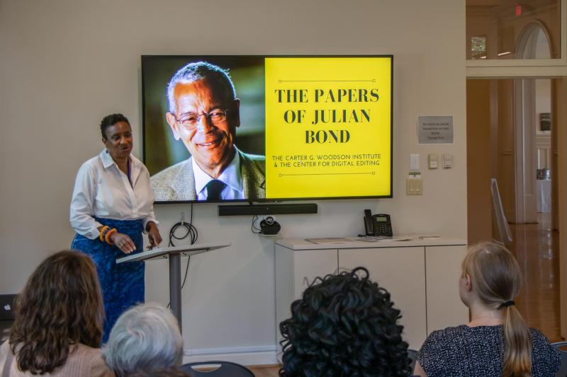 Deborah McDowell, director of the Carter G. Woodson Institute for African-American and African Studies, welcomes guests to Tuesday’s reception kicking off two days of events.