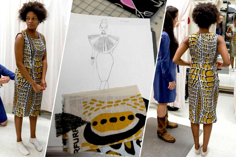 Fourth-year student Ismaelia Dejoie designed and sewed the dress pictured here to emphasize the striking pattern of the crocodile print by artist Aaron McTaggart.