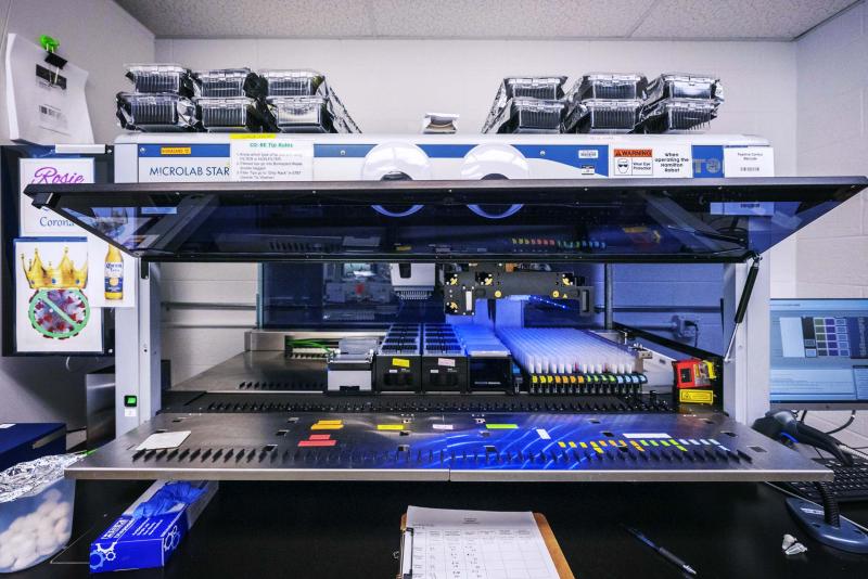 An automated liquid-handling robot, the Hamilton NGS Star machine has allowed UVA to ramp up its COVID testing capabilities. With the robot, the Be SAFE lab processes as many as 3,500 saliva samples a day.