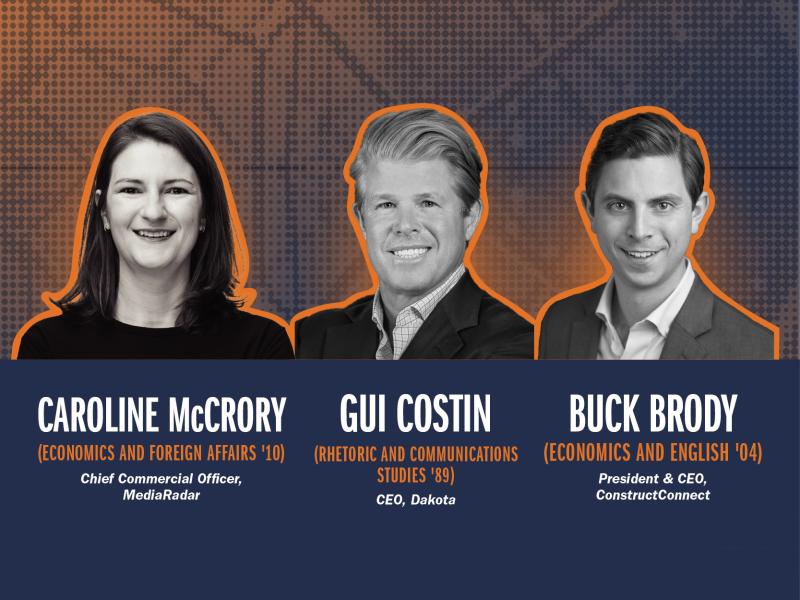 Photo illustration with three headshots of alumni speakers for upcoming panel discussion.